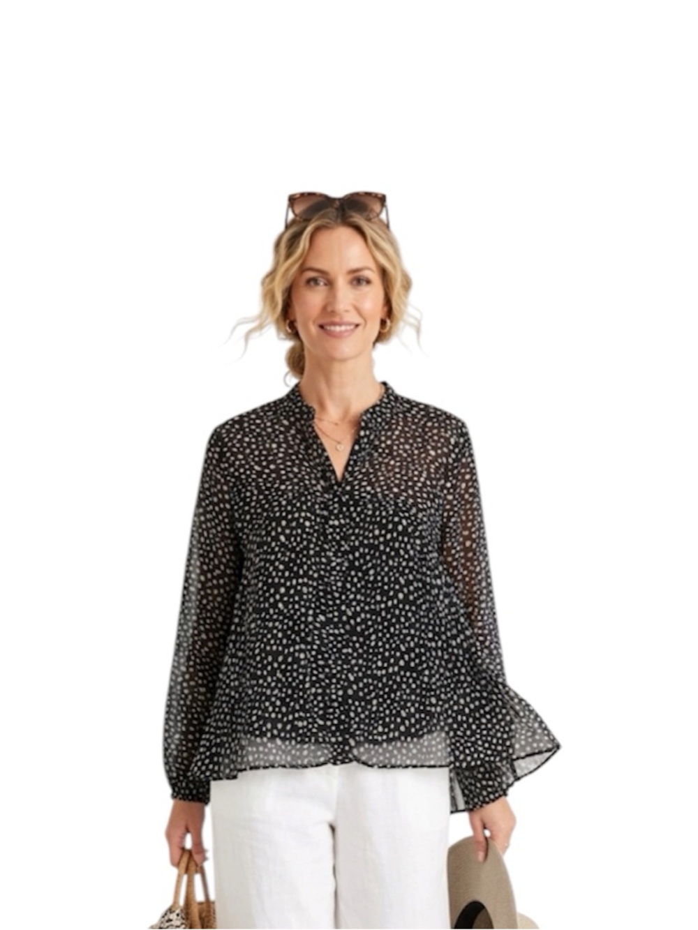 Chico's Black and White Printed Long-Sleeve Blouse Shirt Size: 7-8